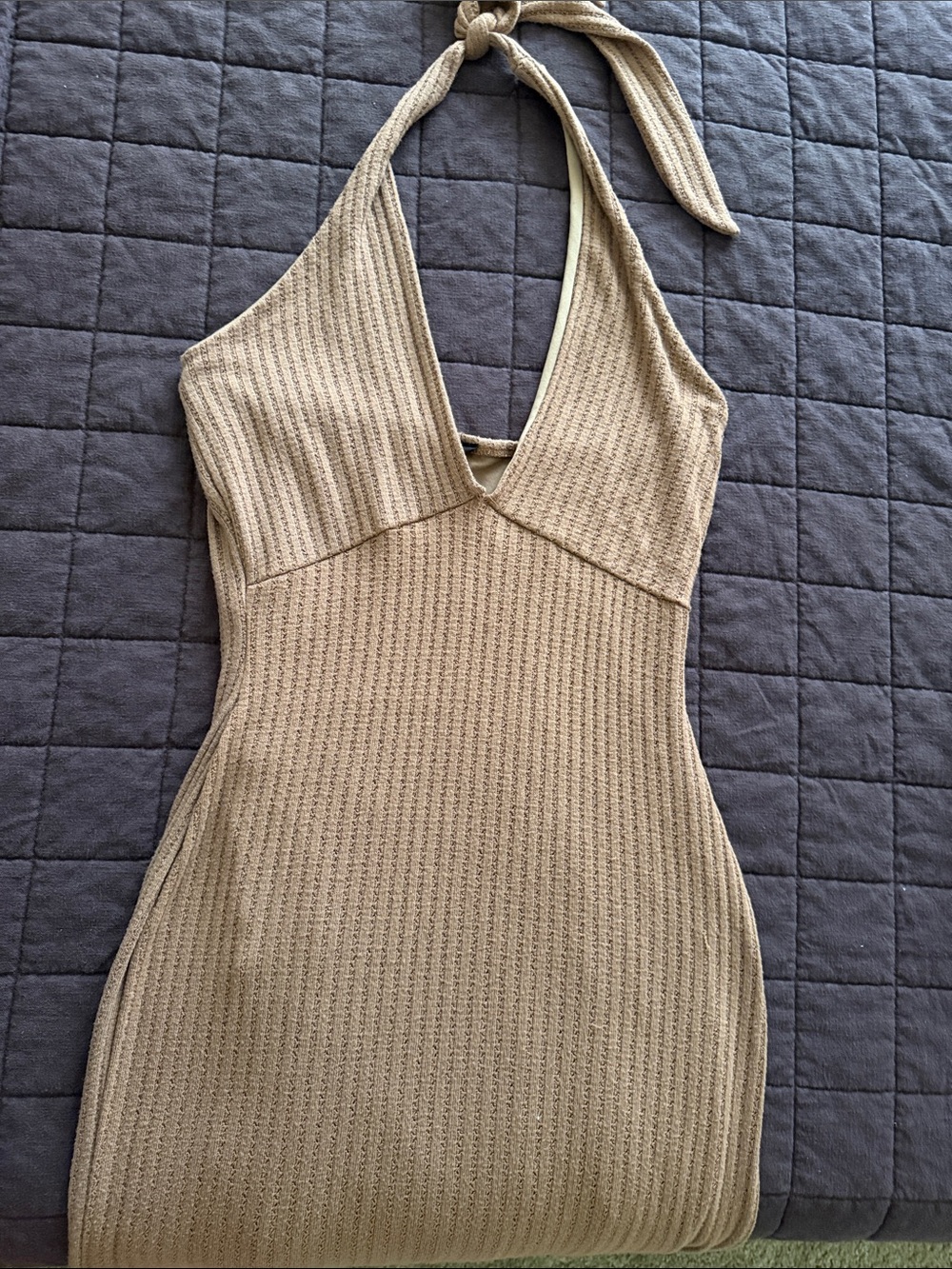 See You Monday Beige Halter Ribbed Knit Dress
